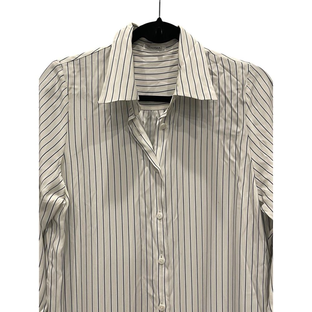 Lily Silk Mulberry White/beige Striped Shirt Dress Midi Long Sleeve Collar M - Picture 3 of 8